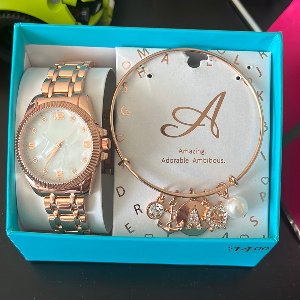 “A” style charm bracelet and watch